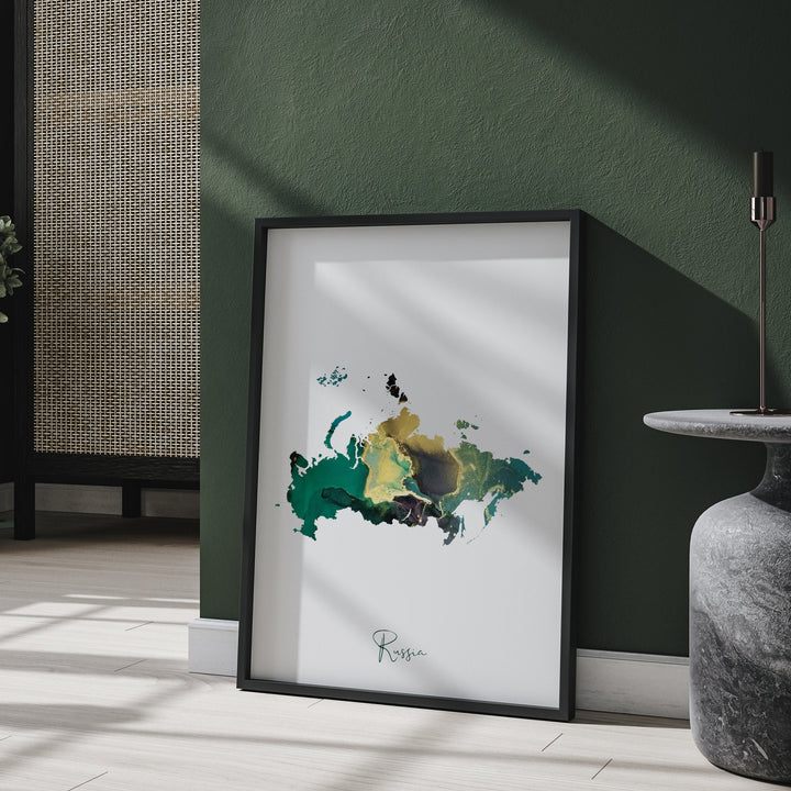 Russia Map Emerald Green and Gold Wall Art Print