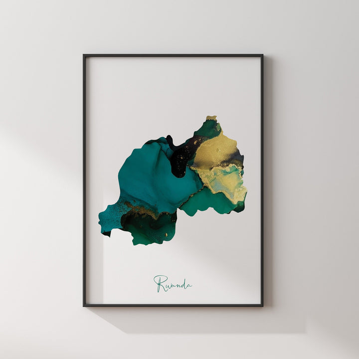 Rwanda Map Emerald Green and Gold Wall Art Print