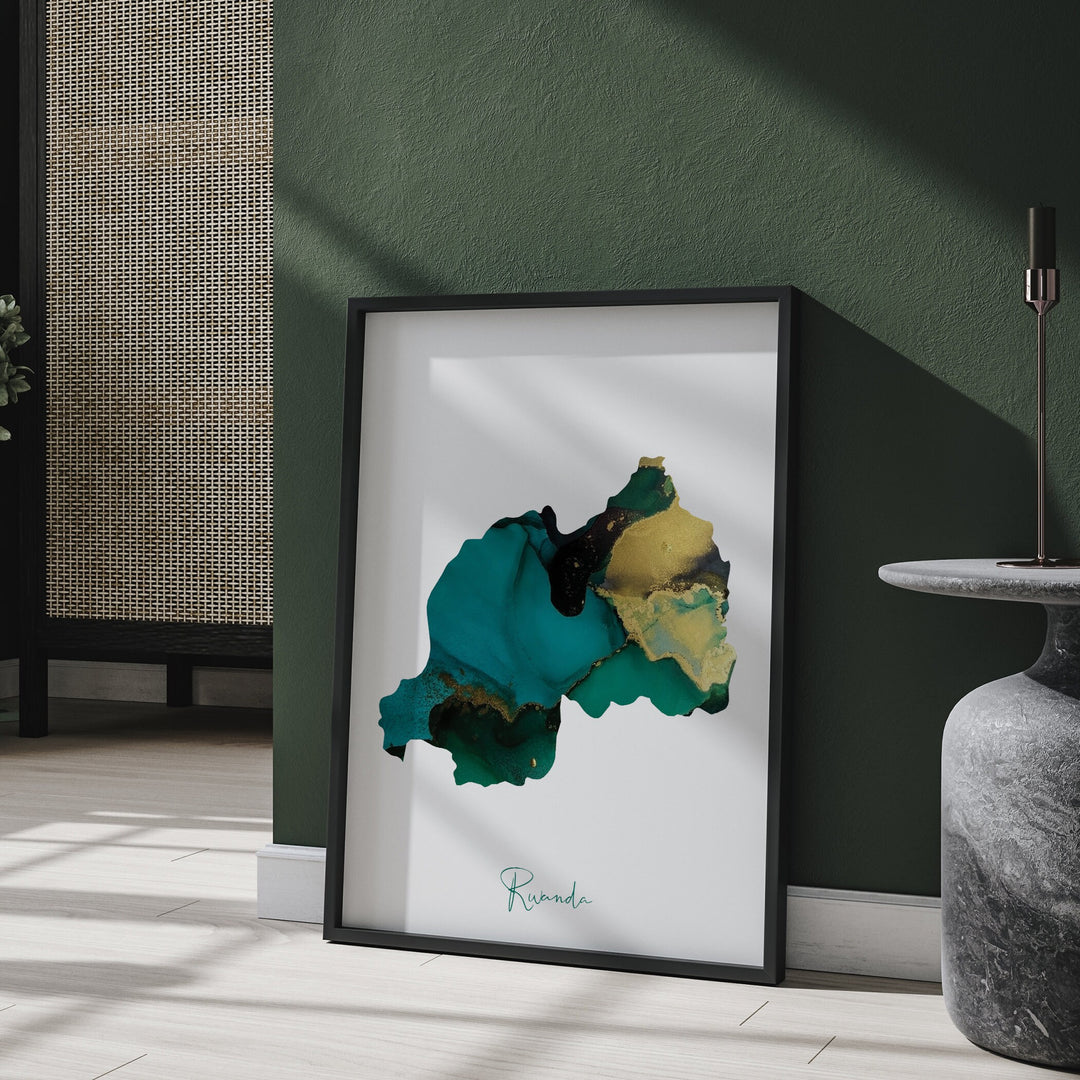 Rwanda Map Emerald Green and Gold Wall Art Print