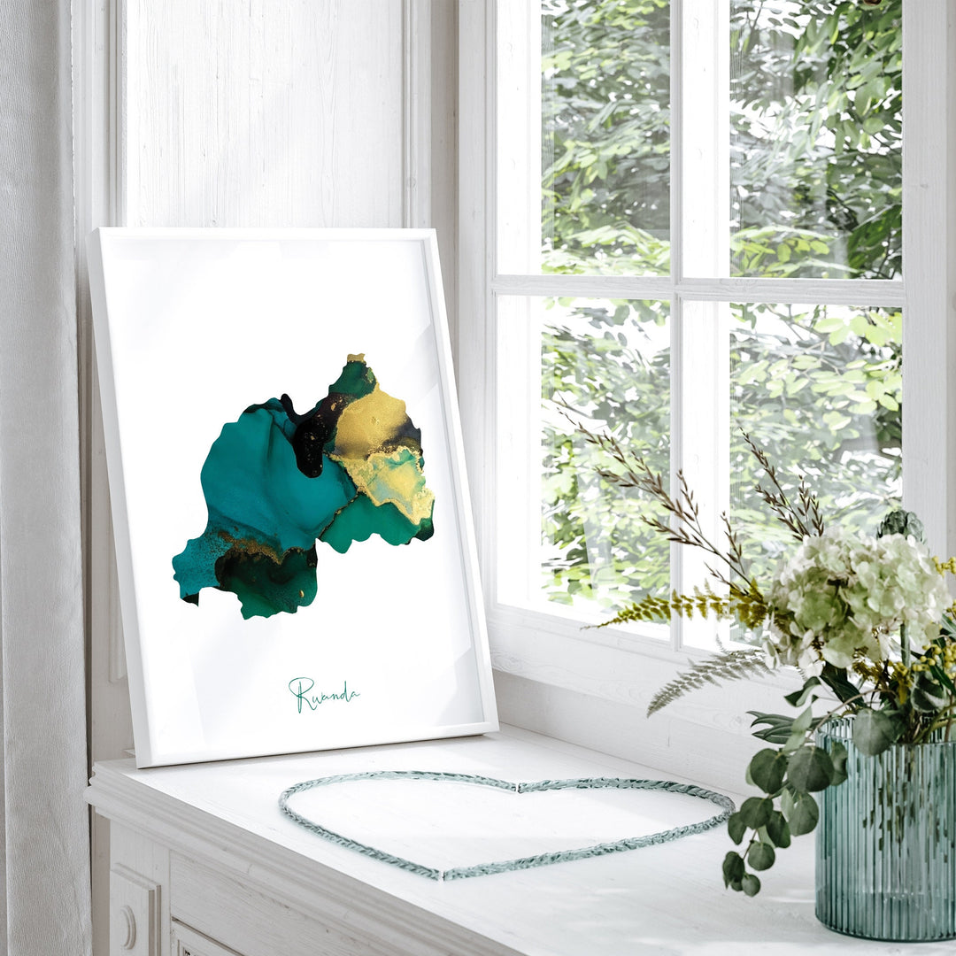 Rwanda Map Emerald Green and Gold Wall Art Print