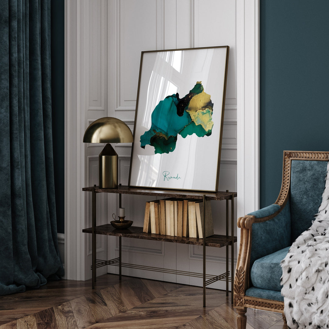 Rwanda Map Emerald Green and Gold Wall Art Print