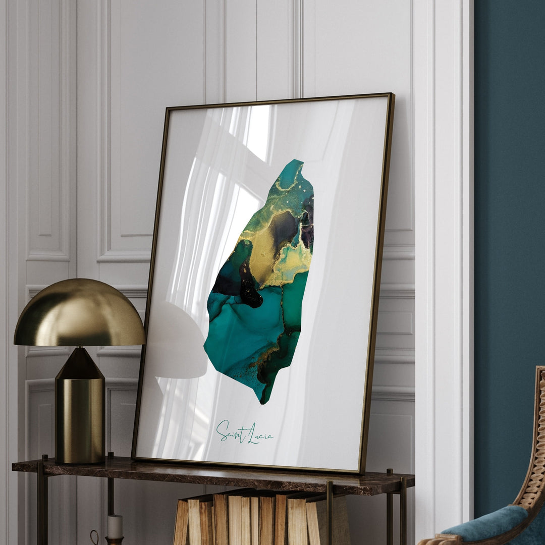 Saint Lucia Map Emerald Green and Gold Wall Art Print