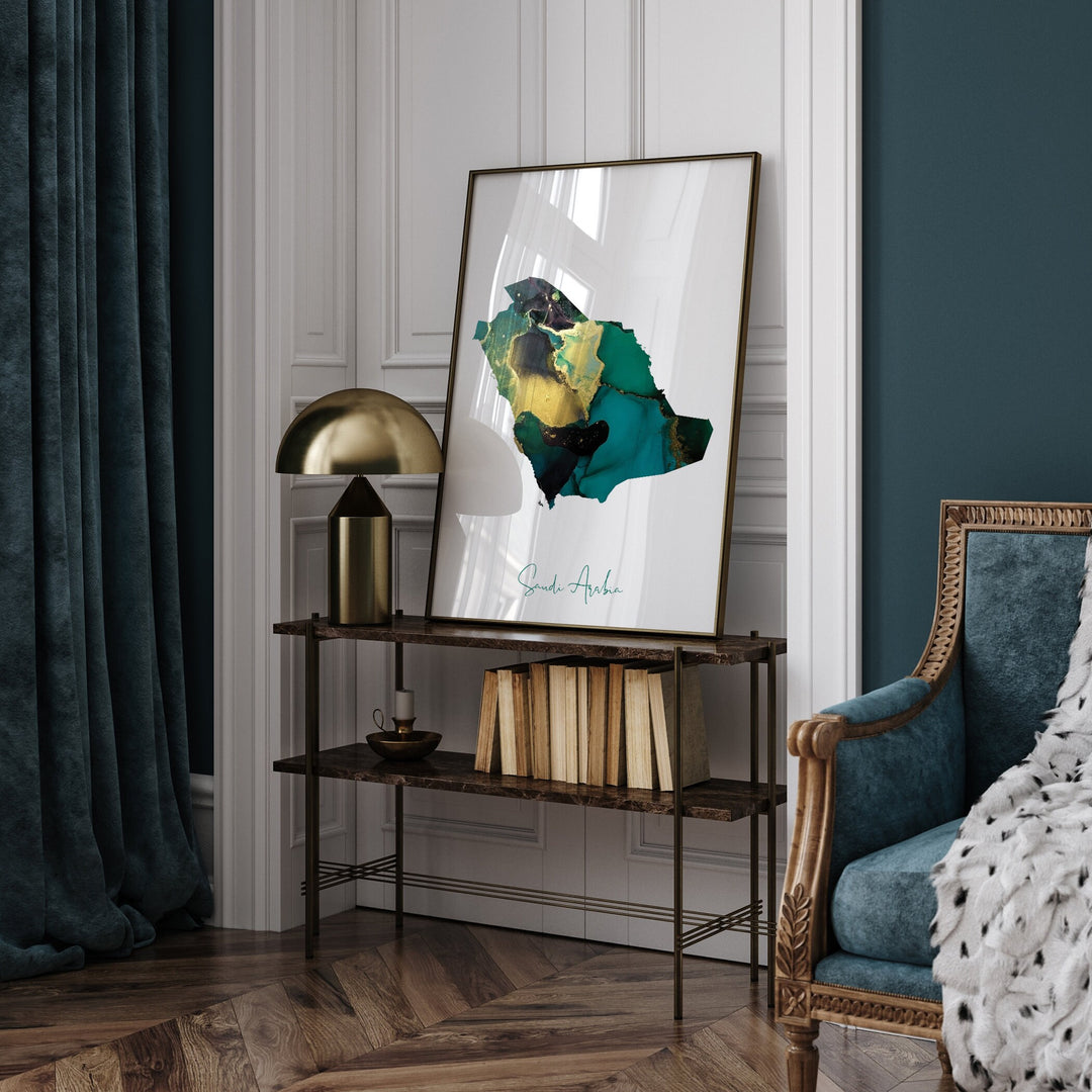 Saudi Arabia Map Emerald Green and Gold Wall Art Print