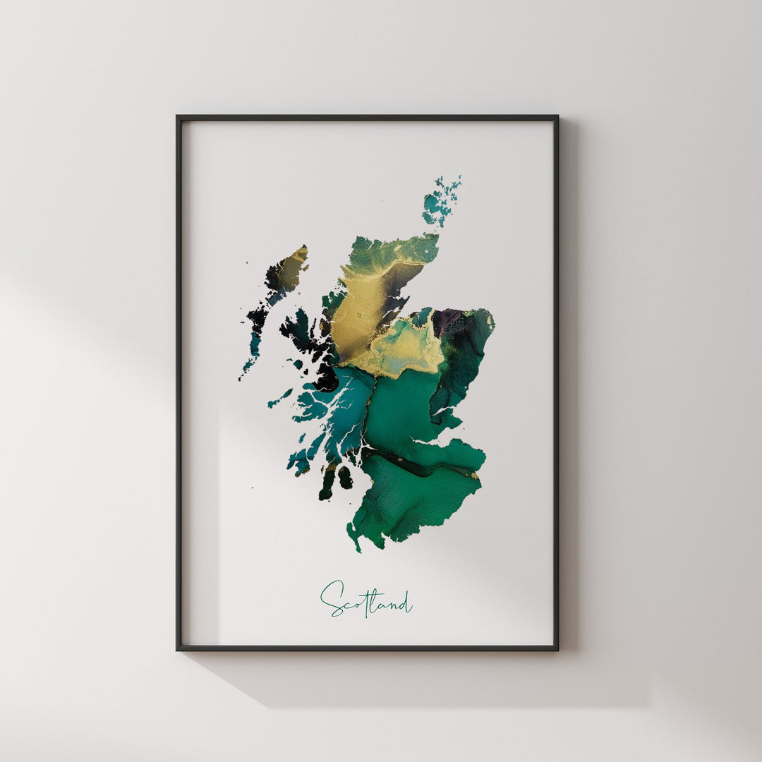 Scotland Map Emerald Green and Gold Wall Art Print