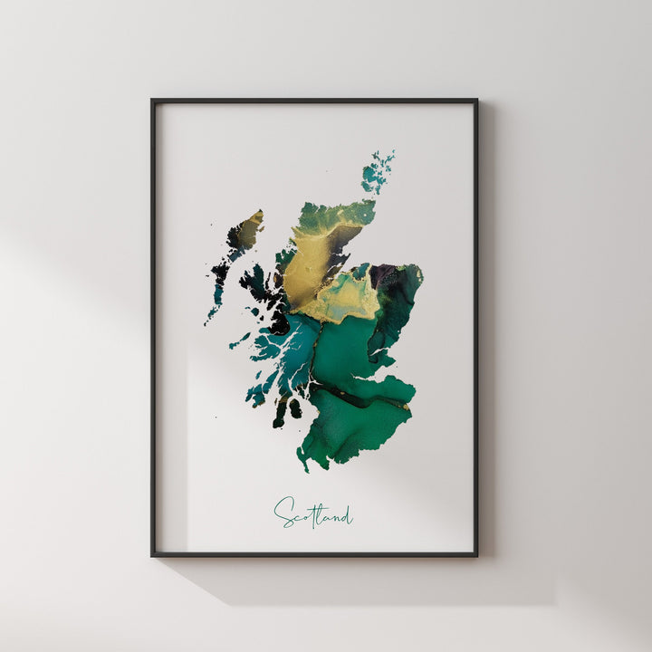Scotland Map Emerald Green and Gold Wall Art Print
