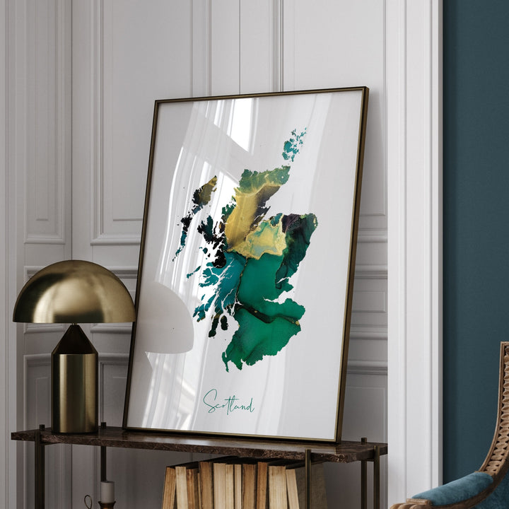Scotland Map Emerald Green and Gold Wall Art Print