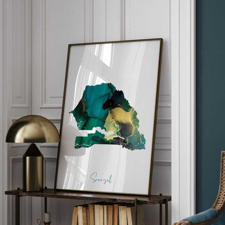 Senegal Map Emerald Green and Gold Wall Art Print