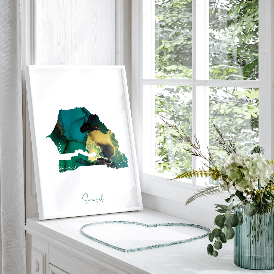 Senegal Map Emerald Green and Gold Wall Art Print