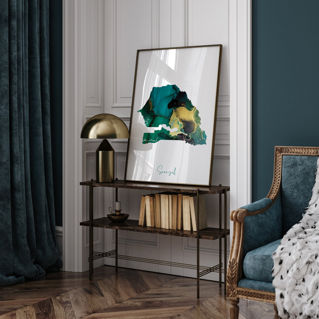Senegal Map Emerald Green and Gold Wall Art Print