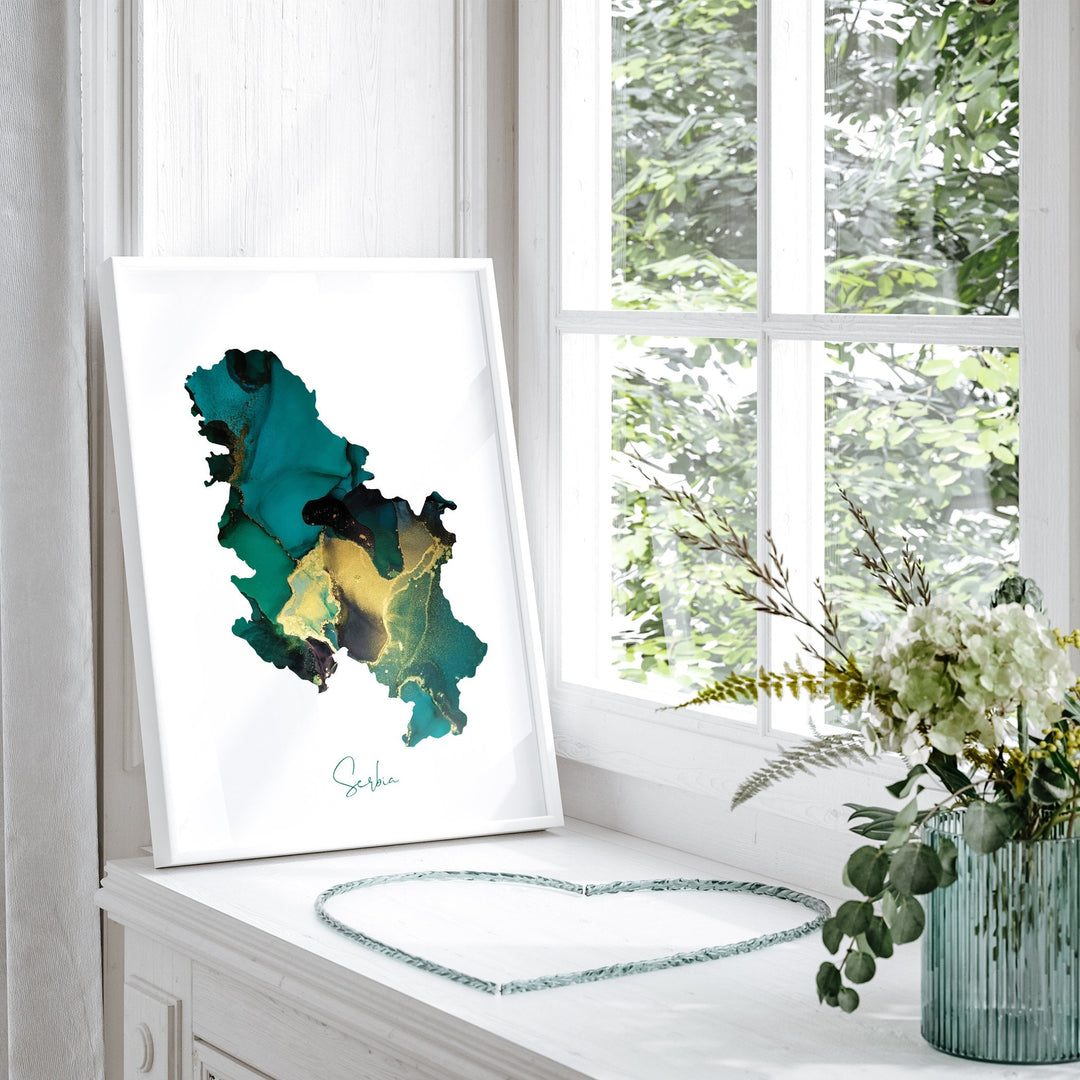 Serbia Map Emerald Green and Gold Wall Art Print