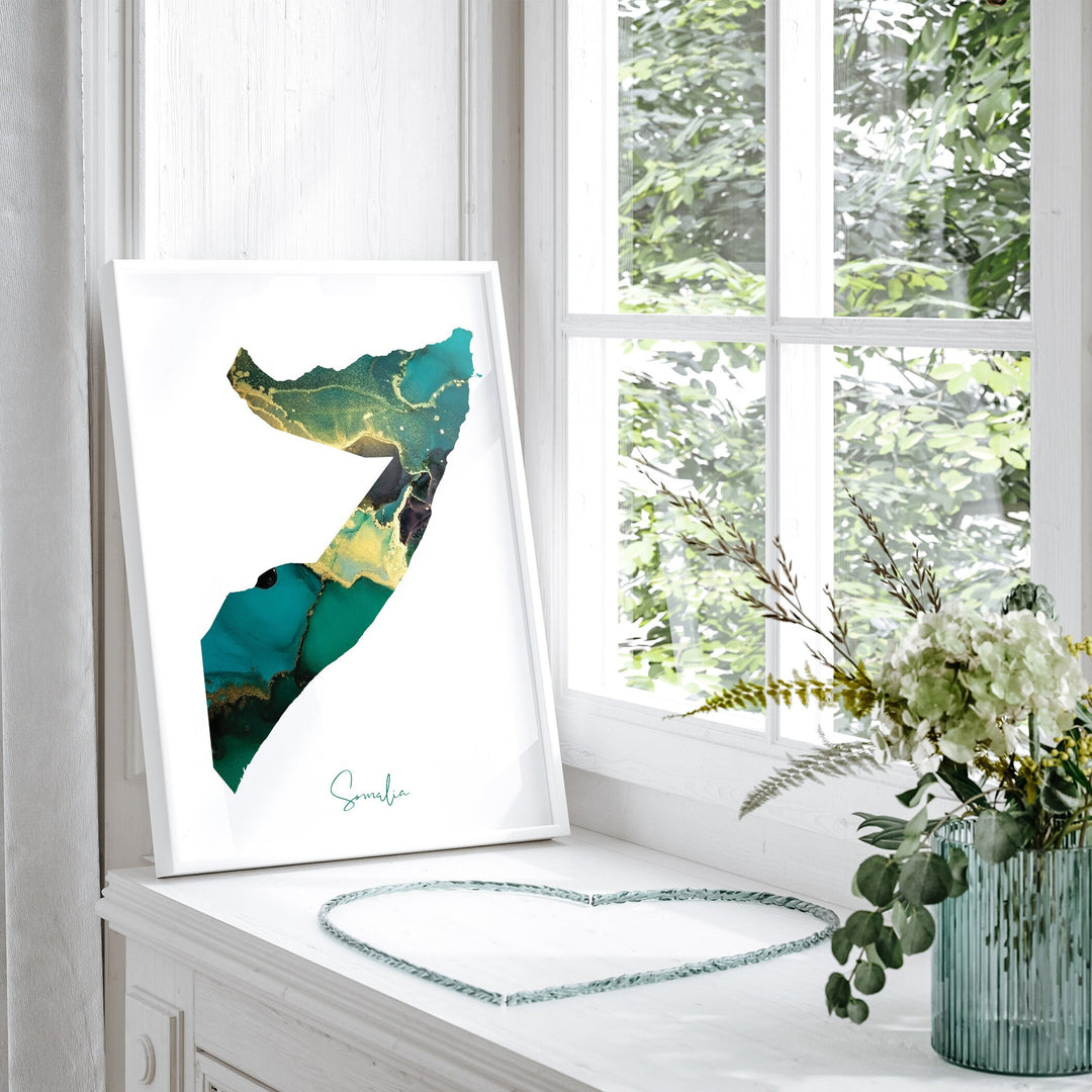 Somalia Map Emerald Green and Gold Wall Art Print