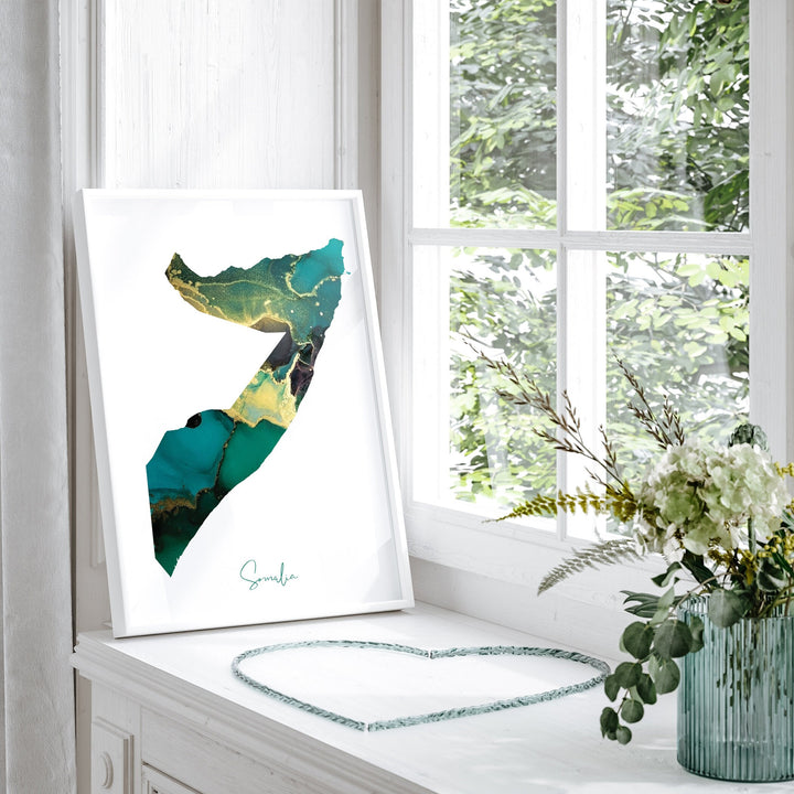 Somalia Map Emerald Green and Gold Wall Art Print