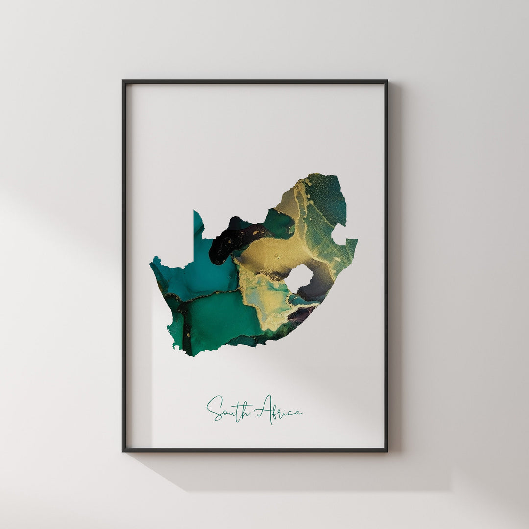 South Africa Map Emerald Green and Gold Wall Art Print