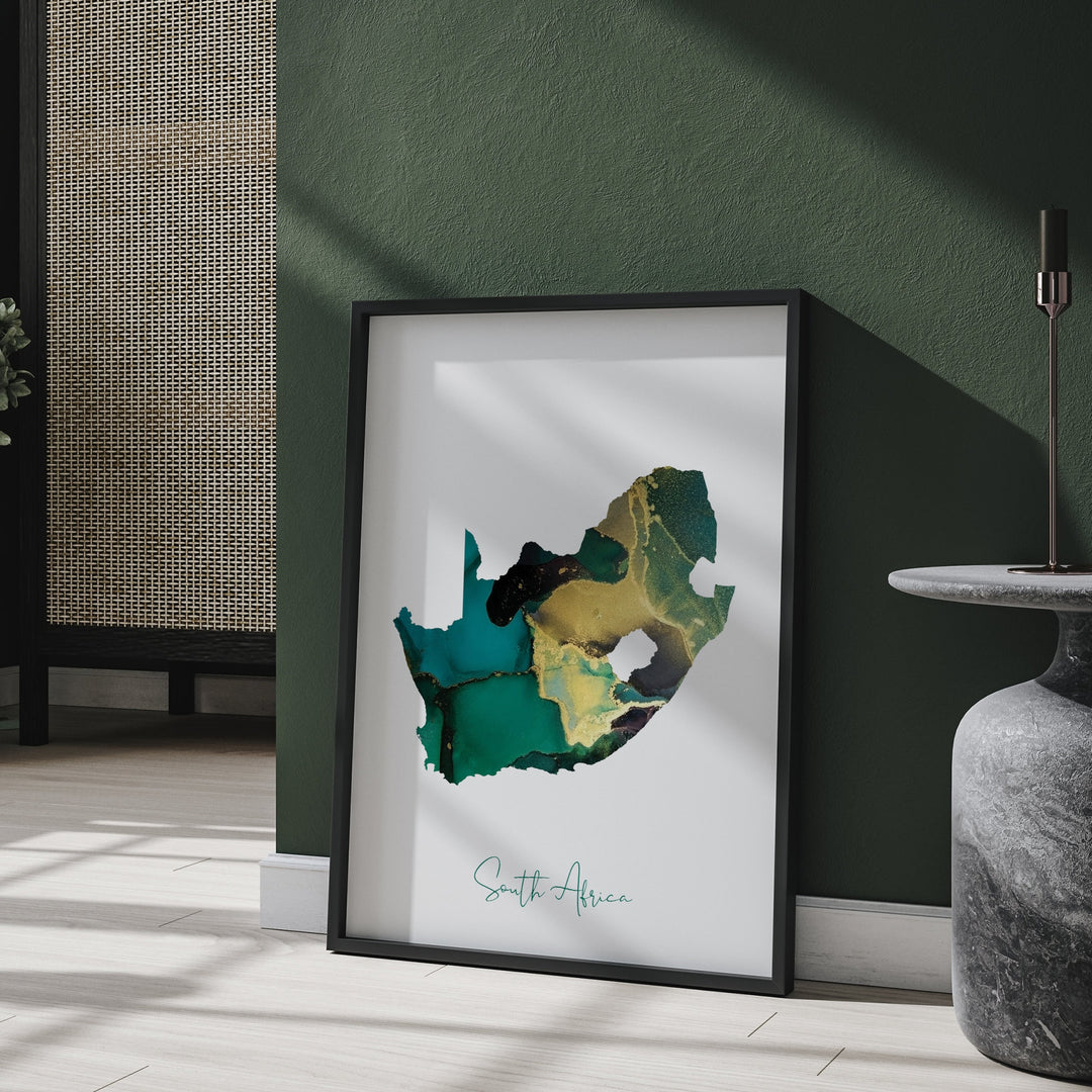 South Africa Map Emerald Green and Gold Wall Art Print