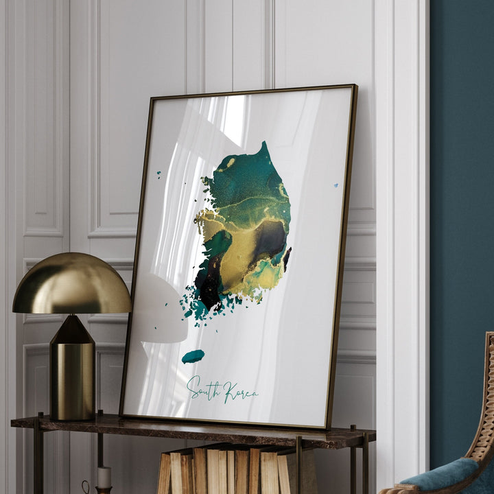 South Korea Map Emerald Green and Gold Wall Art Print