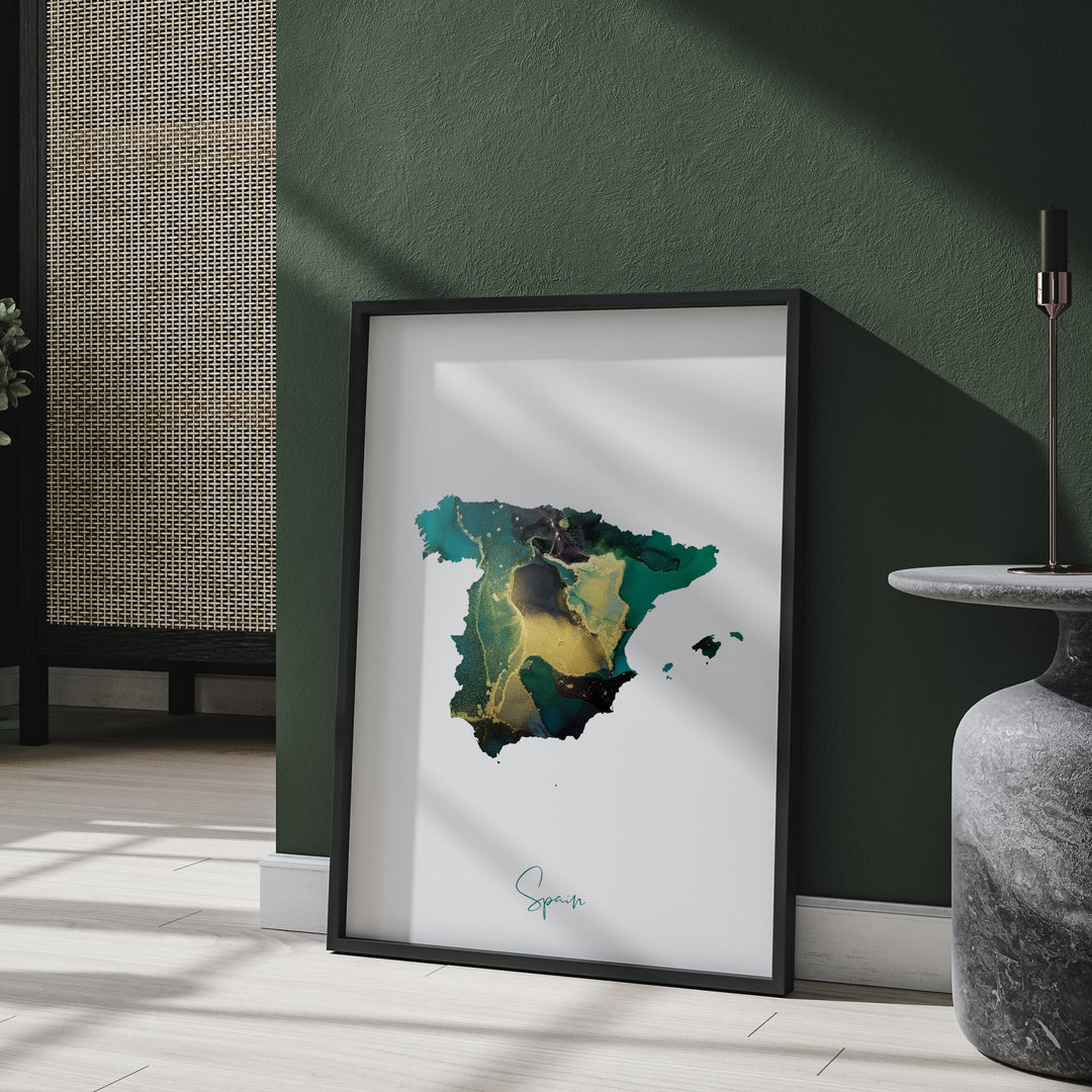Spain Map Emerald Green and Gold Wall Art Print