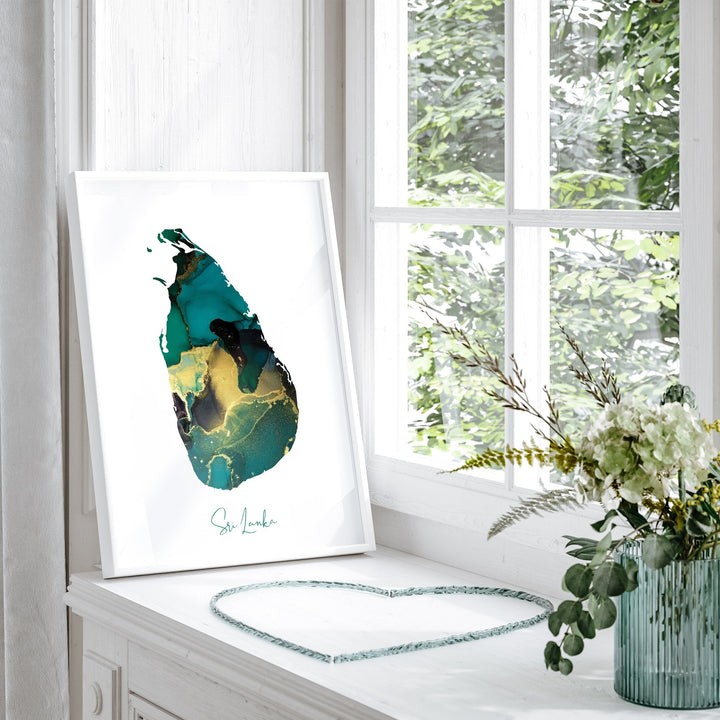 Sri Lanka Map Emerald Green and Gold Wall Art Print
