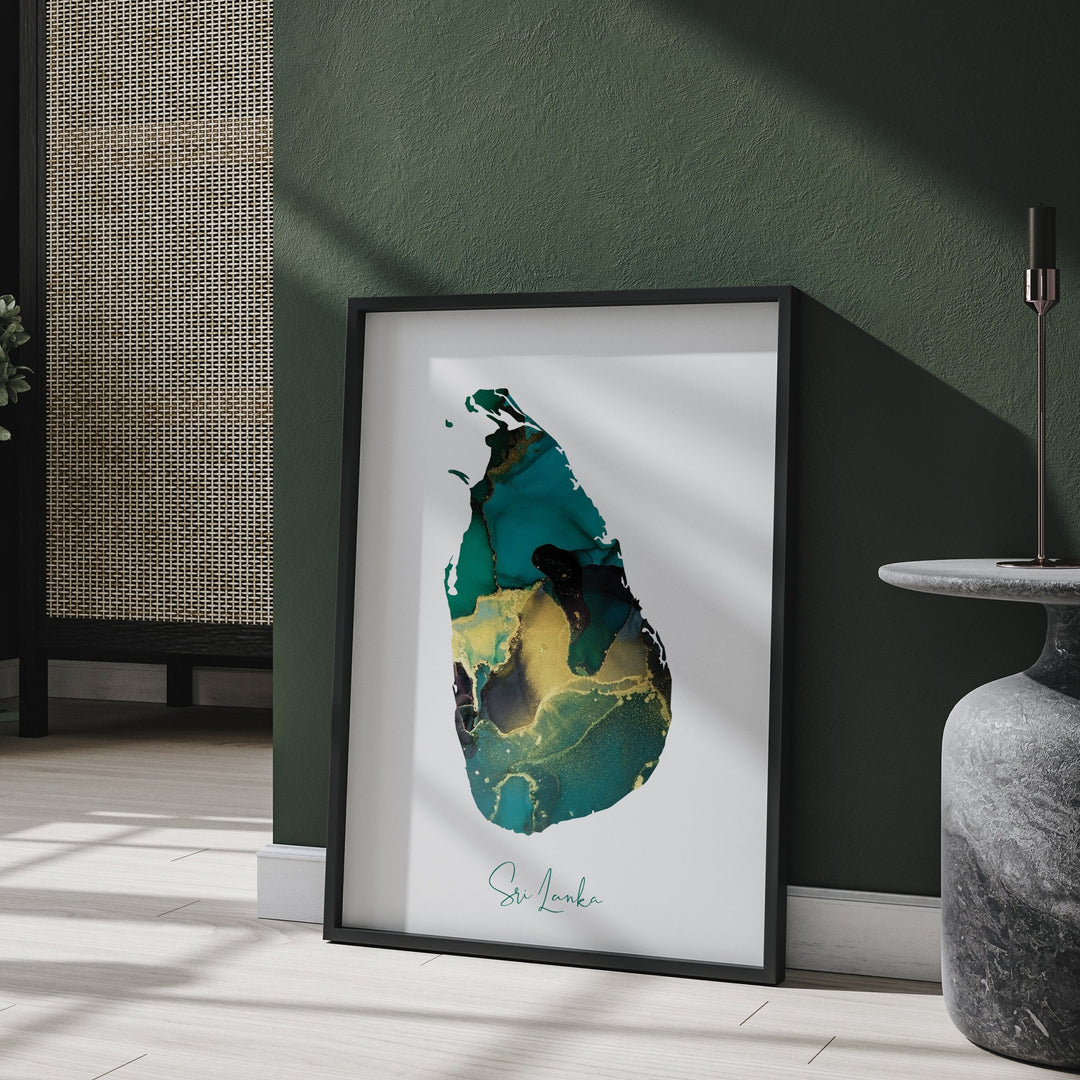 Sri Lanka Map Emerald Green and Gold Wall Art Print