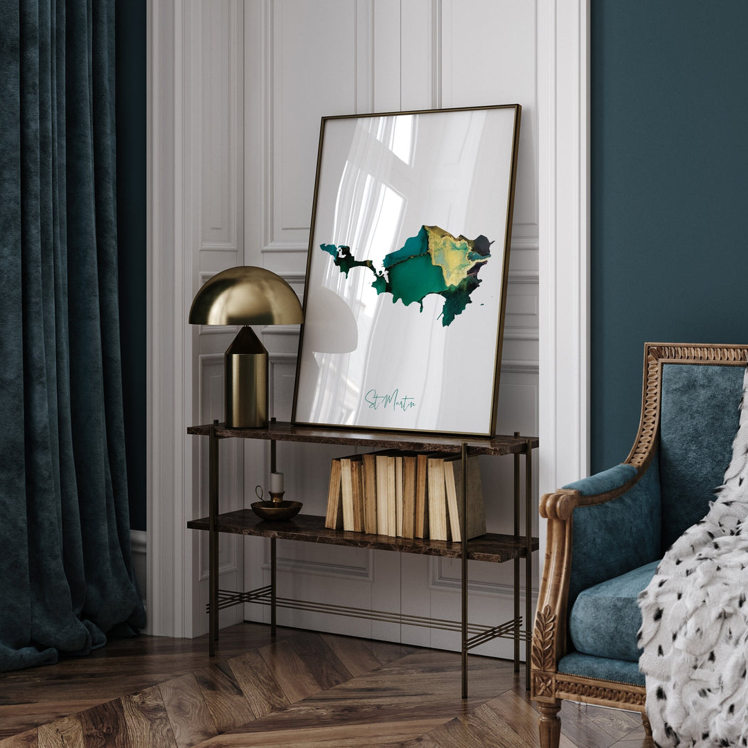 St Martin Map Emerald Green and Gold Wall Art Print