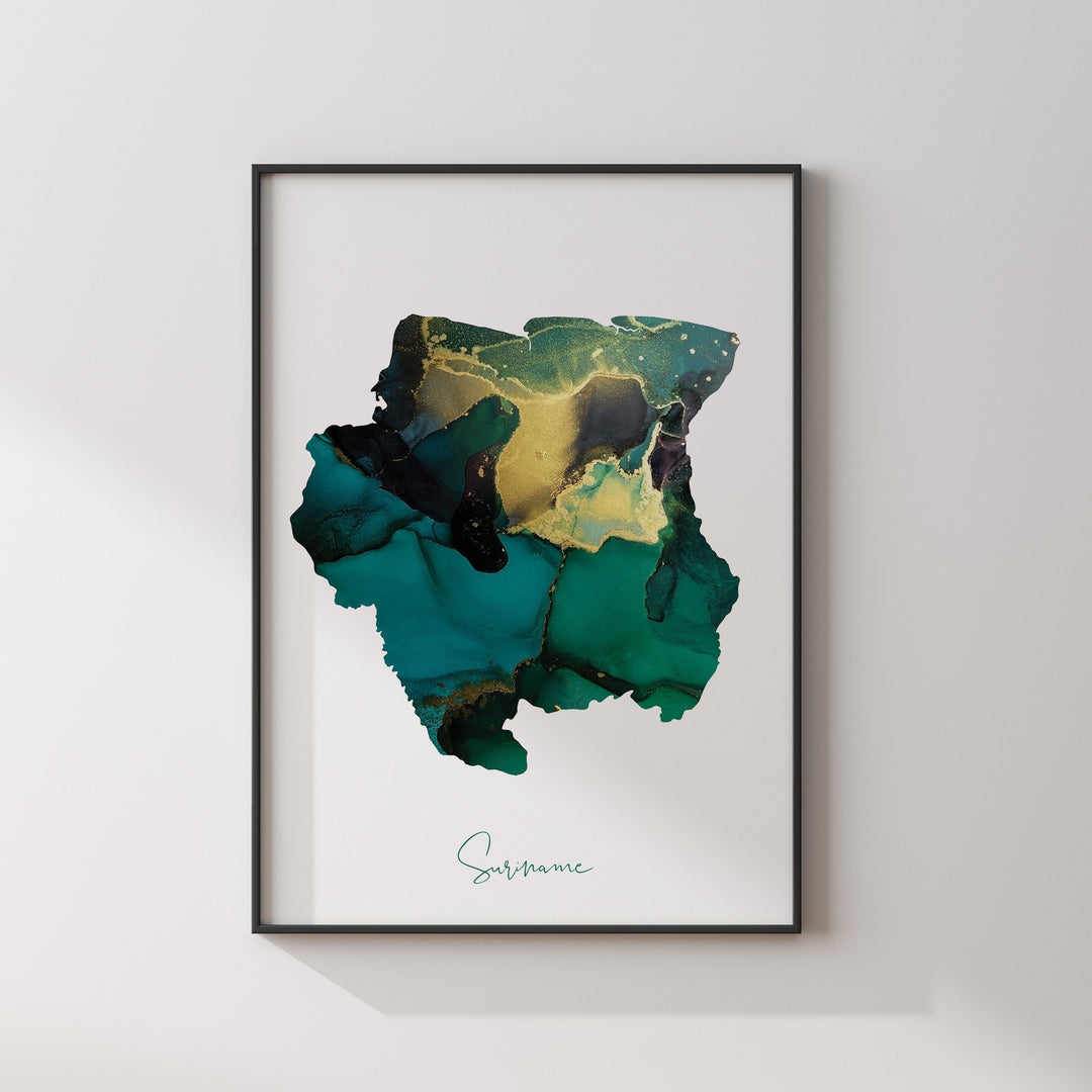 Suriname Map Emerald Green and Gold Wall Art Print