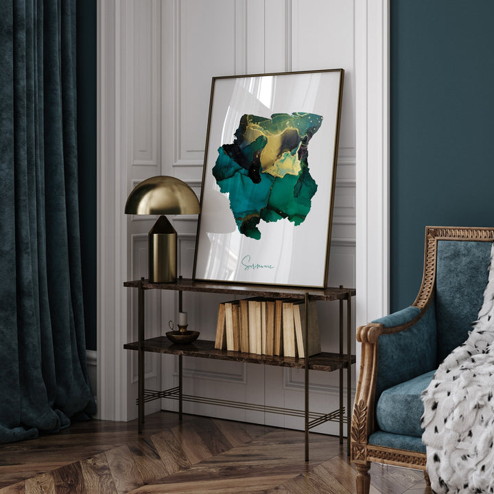 Suriname Map Emerald Green and Gold Wall Art Print