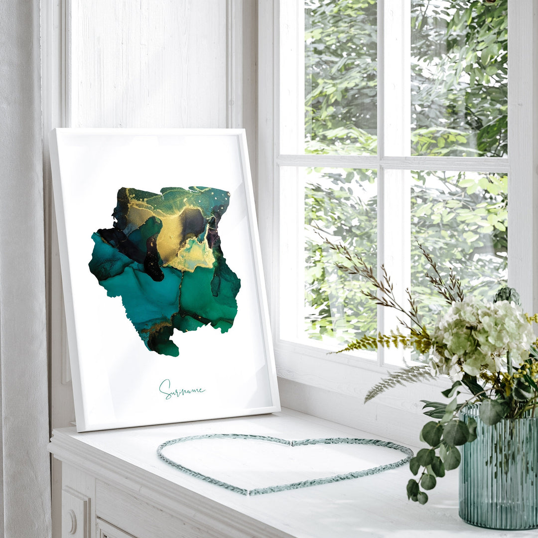 Suriname Map Emerald Green and Gold Wall Art Print
