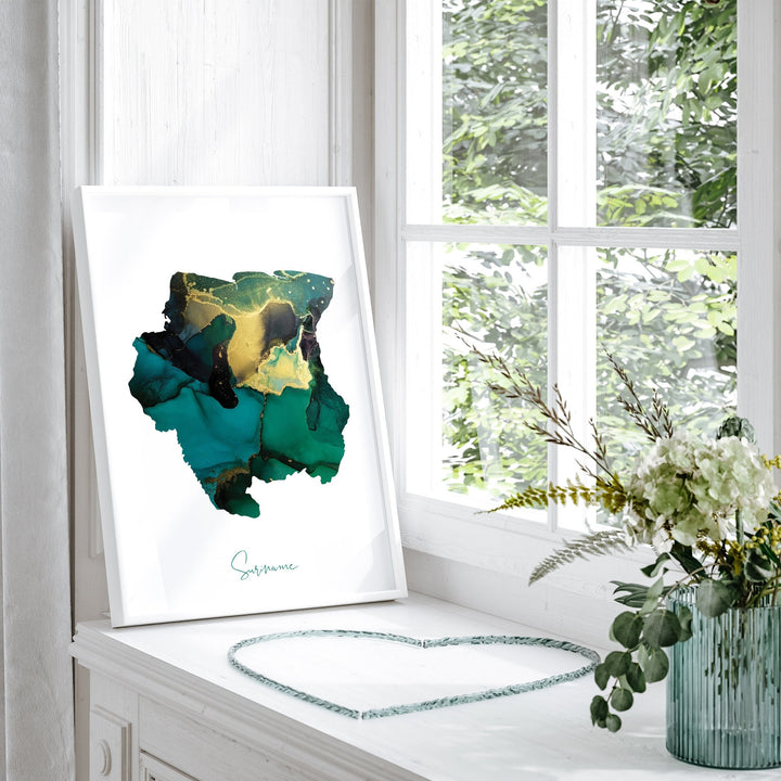 Suriname Map Emerald Green and Gold Wall Art Print
