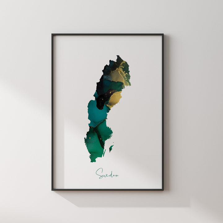 Sweden Map Emerald Green and Gold Wall Art Print