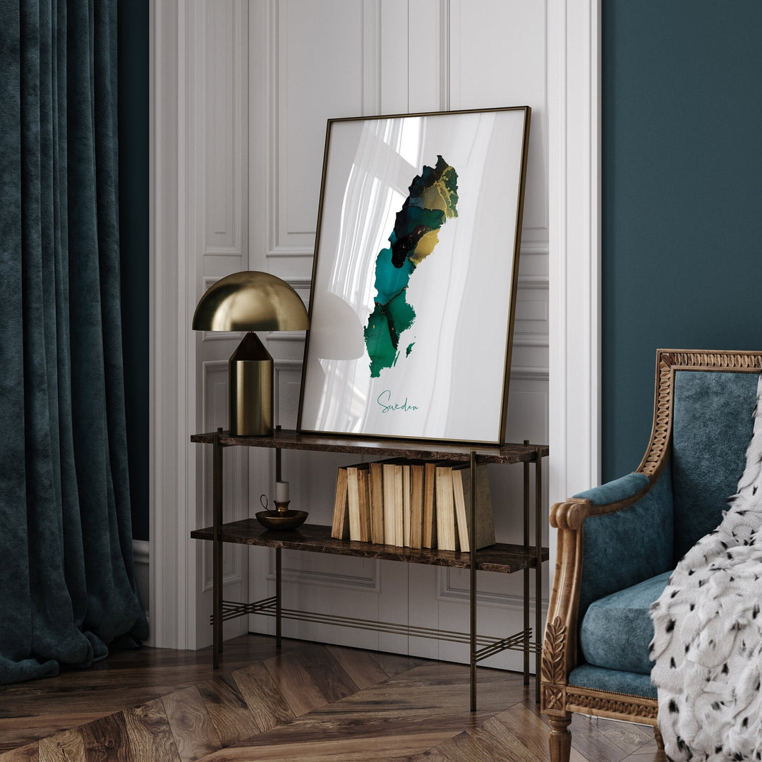 Sweden Map Emerald Green and Gold Wall Art Print