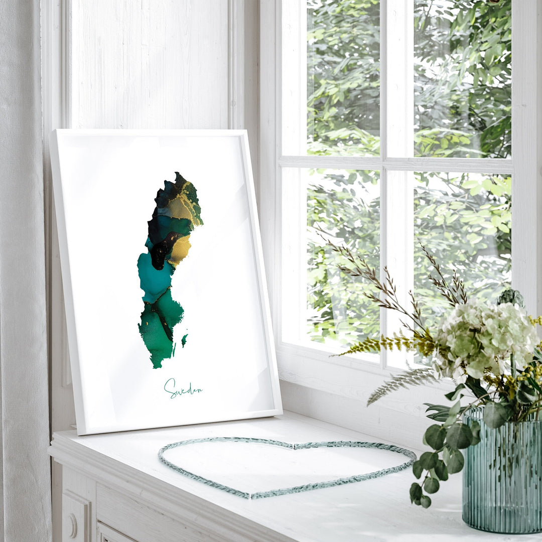 Sweden Map Emerald Green and Gold Wall Art Print