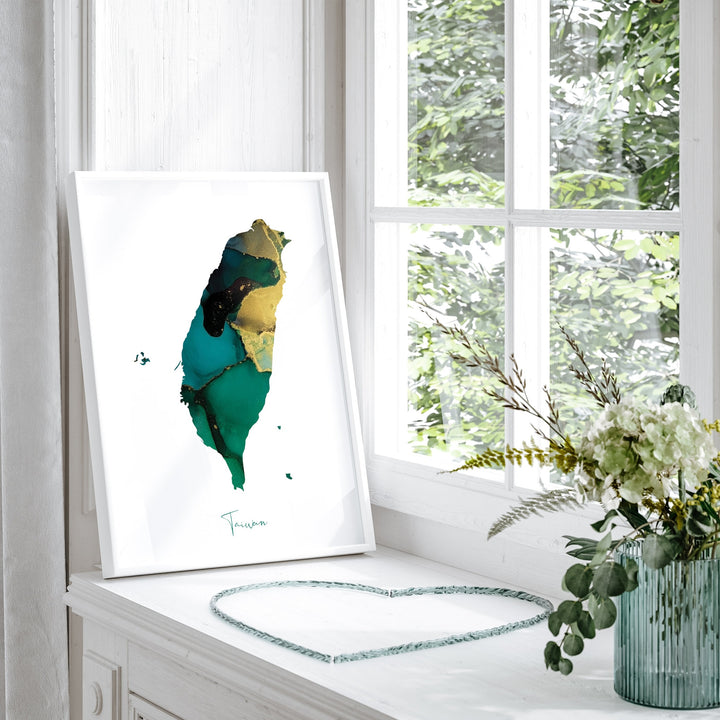 Taiwan Map Emerald Green and Gold Wall Art Print