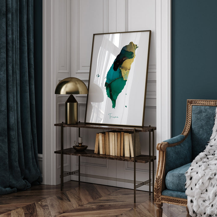 Taiwan Map Emerald Green and Gold Wall Art Print