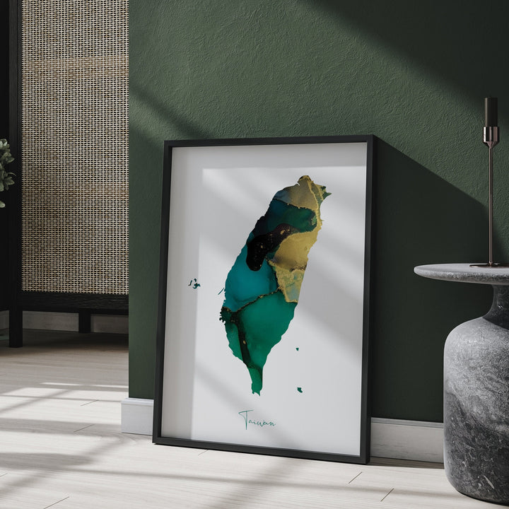 Taiwan Map Emerald Green and Gold Wall Art Print