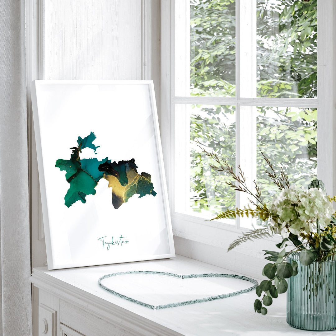 Tajikistan Map Emerald Green and Gold Wall Art Print