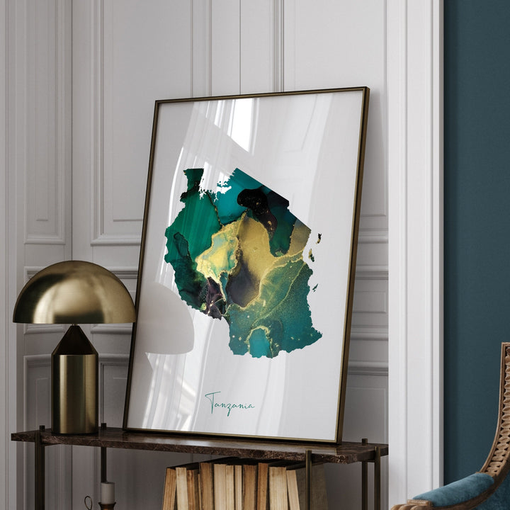Tanzania Map Emerald Green and Gold Wall Art Print