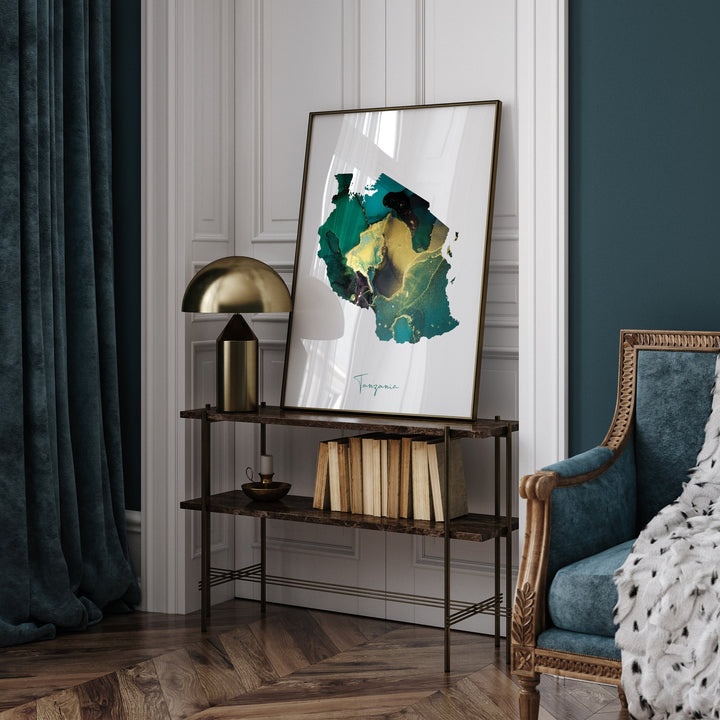 Tanzania Map Emerald Green and Gold Wall Art Print
