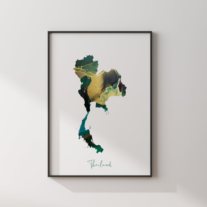 Thailand Map Emerald Green and Gold Wall Art Print
