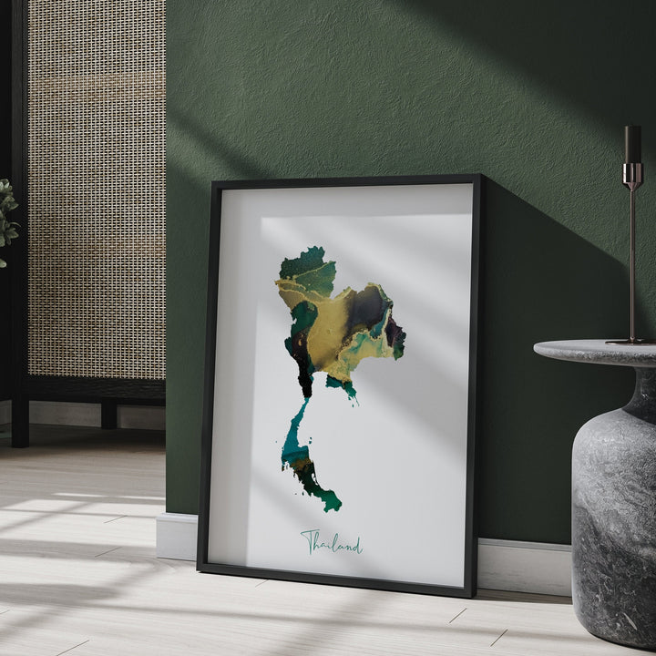 Thailand Map Emerald Green and Gold Wall Art Print