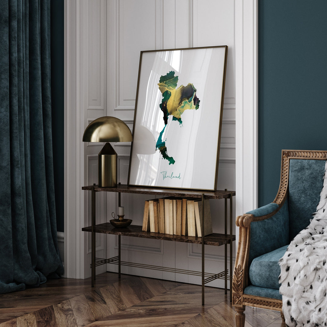 Thailand Map Emerald Green and Gold Wall Art Print