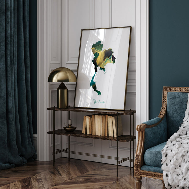 Thailand Map Emerald Green and Gold Wall Art Print