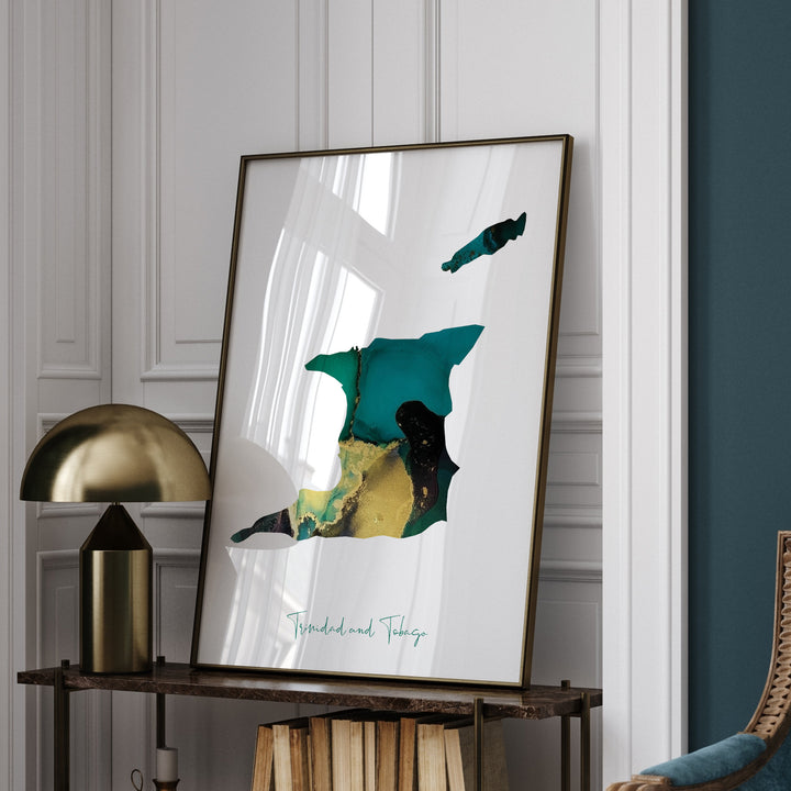 Trinidad and Tobago Map Emerald Green and Gold Wall Art Print