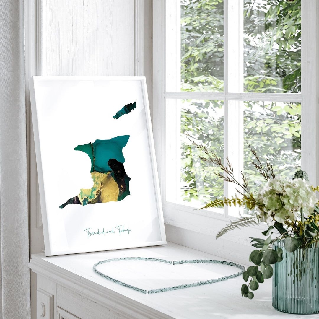 Trinidad and Tobago Map Emerald Green and Gold Wall Art Print