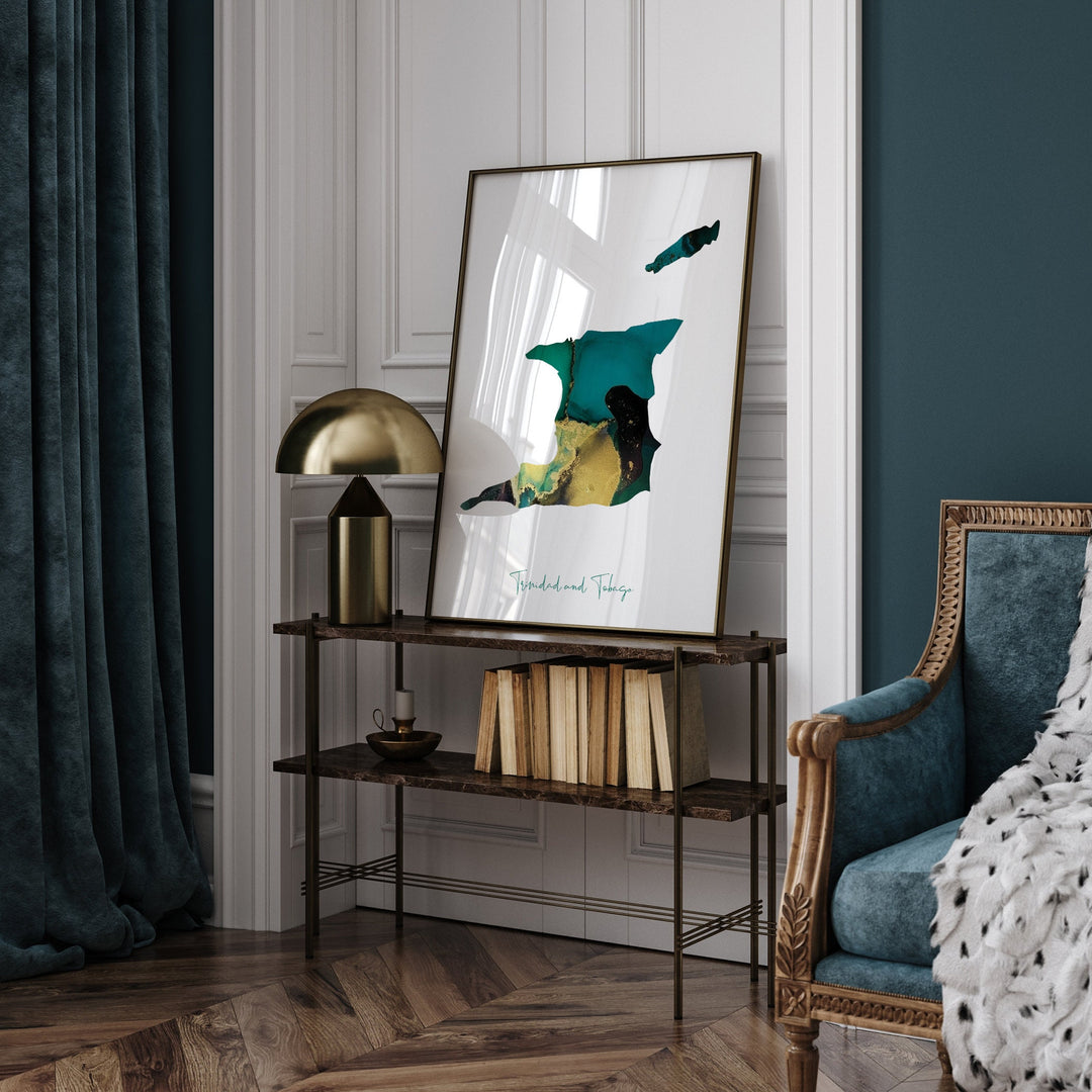 Trinidad and Tobago Map Emerald Green and Gold Wall Art Print
