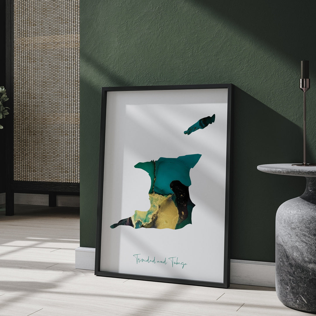 Trinidad and Tobago Map Emerald Green and Gold Wall Art Print