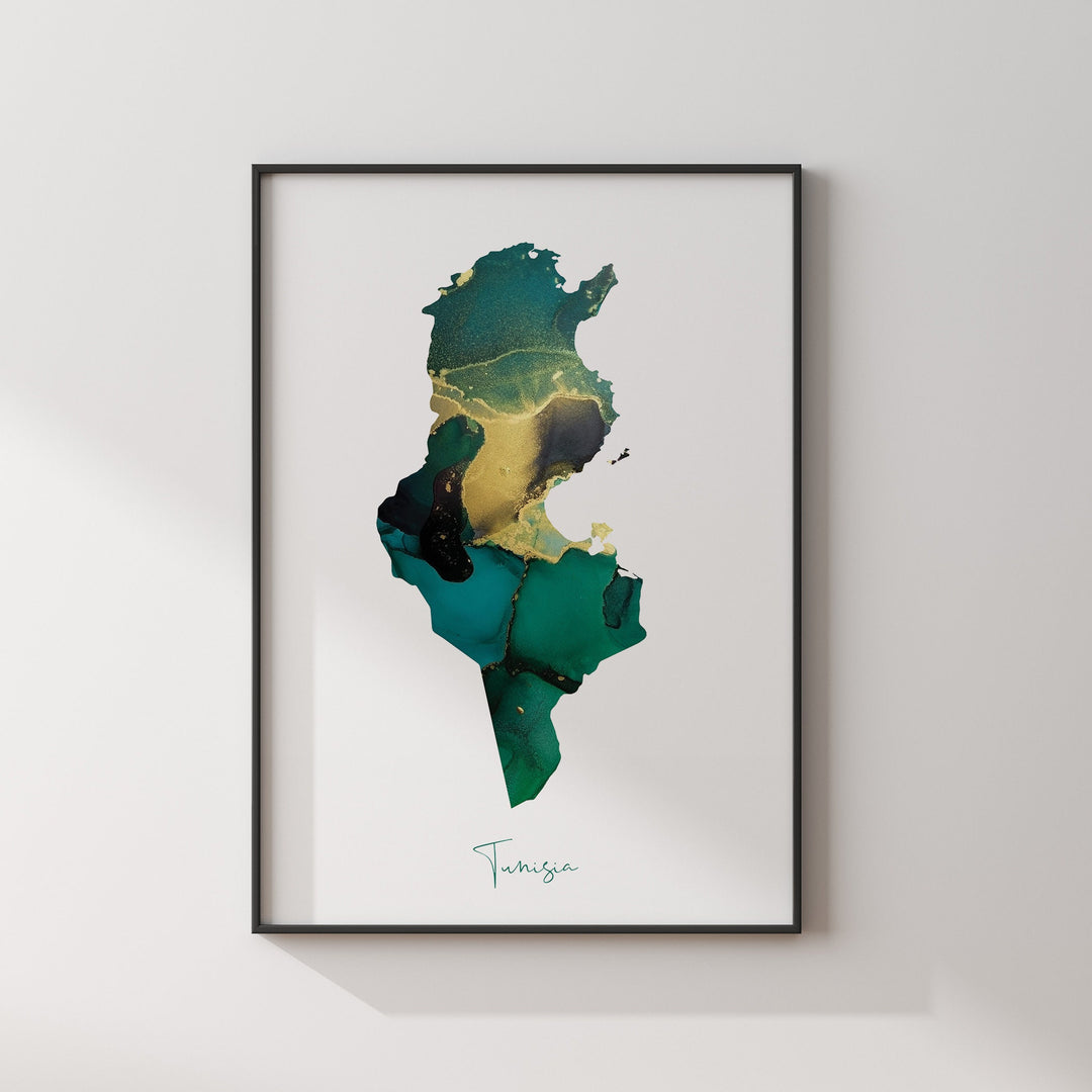 Tunisia Map Emerald Green and Gold Wall Art Print