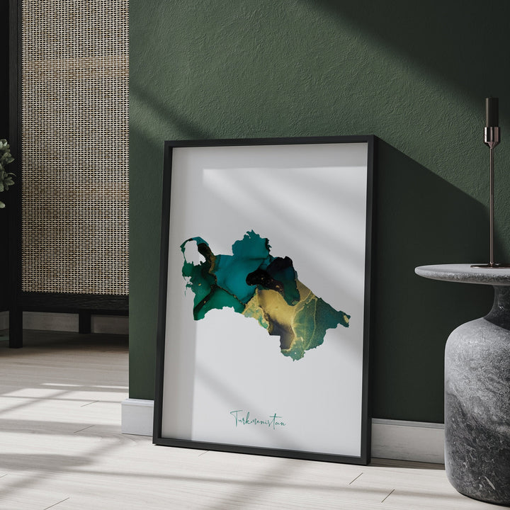 Turkmenistan Map Emerald Green and Gold Wall Art Print