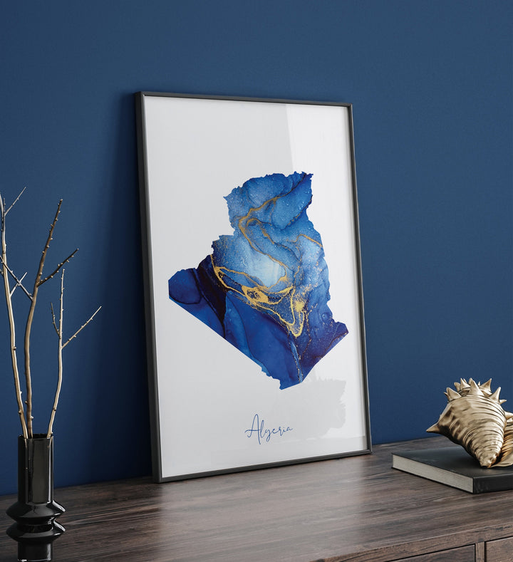 Algeria Map Blue and Gold Wall Art Print