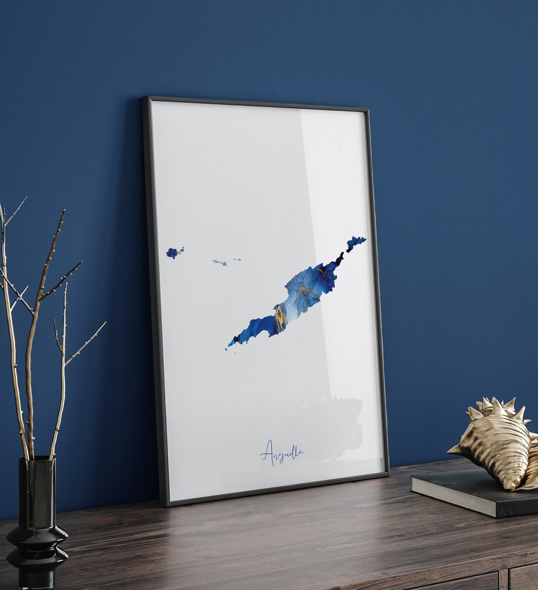 Anguilla Map Blue and Gold Wall Art Print