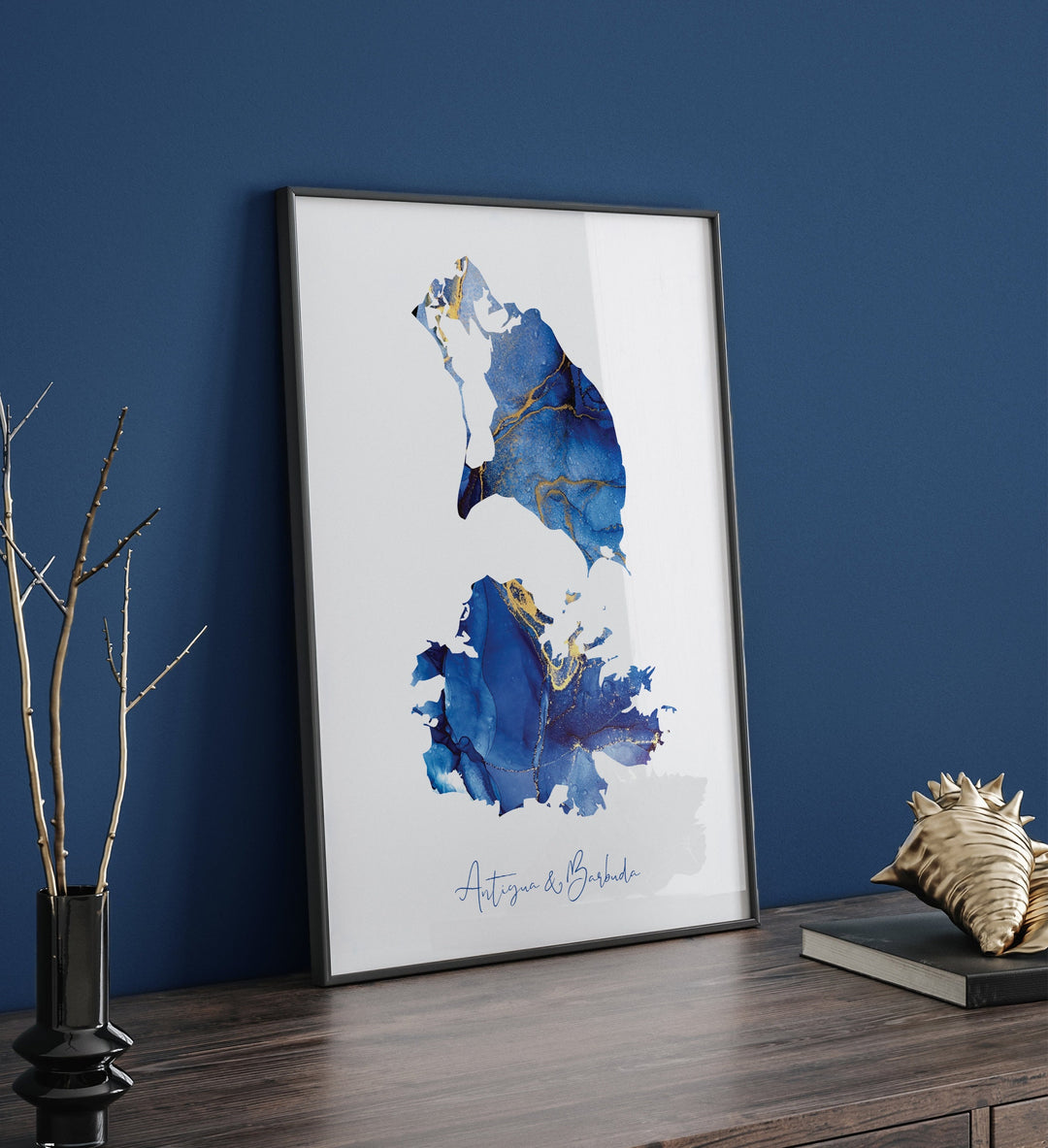 Antigua and Barbuda Map Blue and Gold Wall Art Print