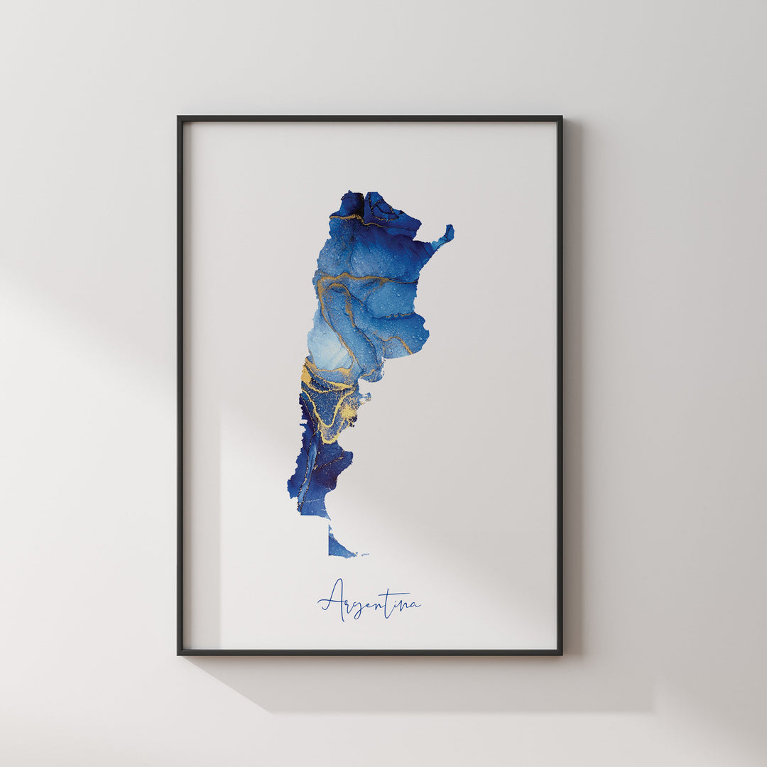Argentina Map Blue and Gold Wall Art Print